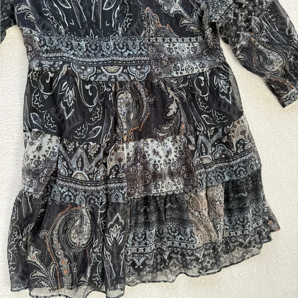 ZARA Boho Paisley Tiered Mini Dress Size M Sheer Long Sleeve Babydoll Tunic - Picture 11 of 16